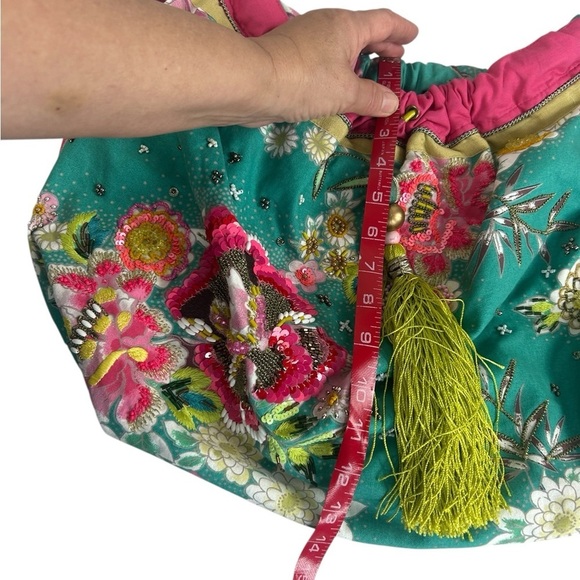 Accessorize Italian Venetian Green Pink Tote Shoulder Bag Tassel Bead Sequin - Picture 10 of 11